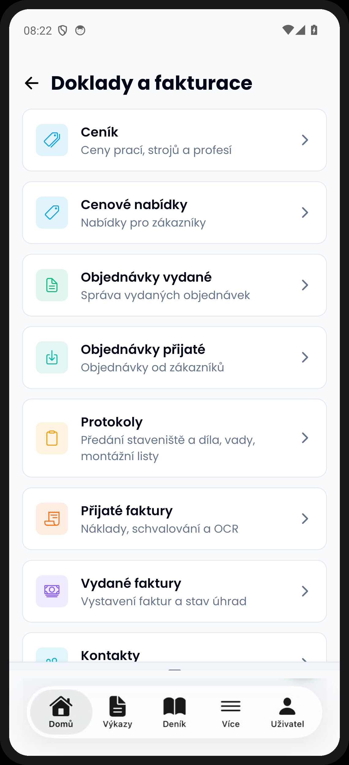 Sekce Doklady a fakturace v mobilním menu