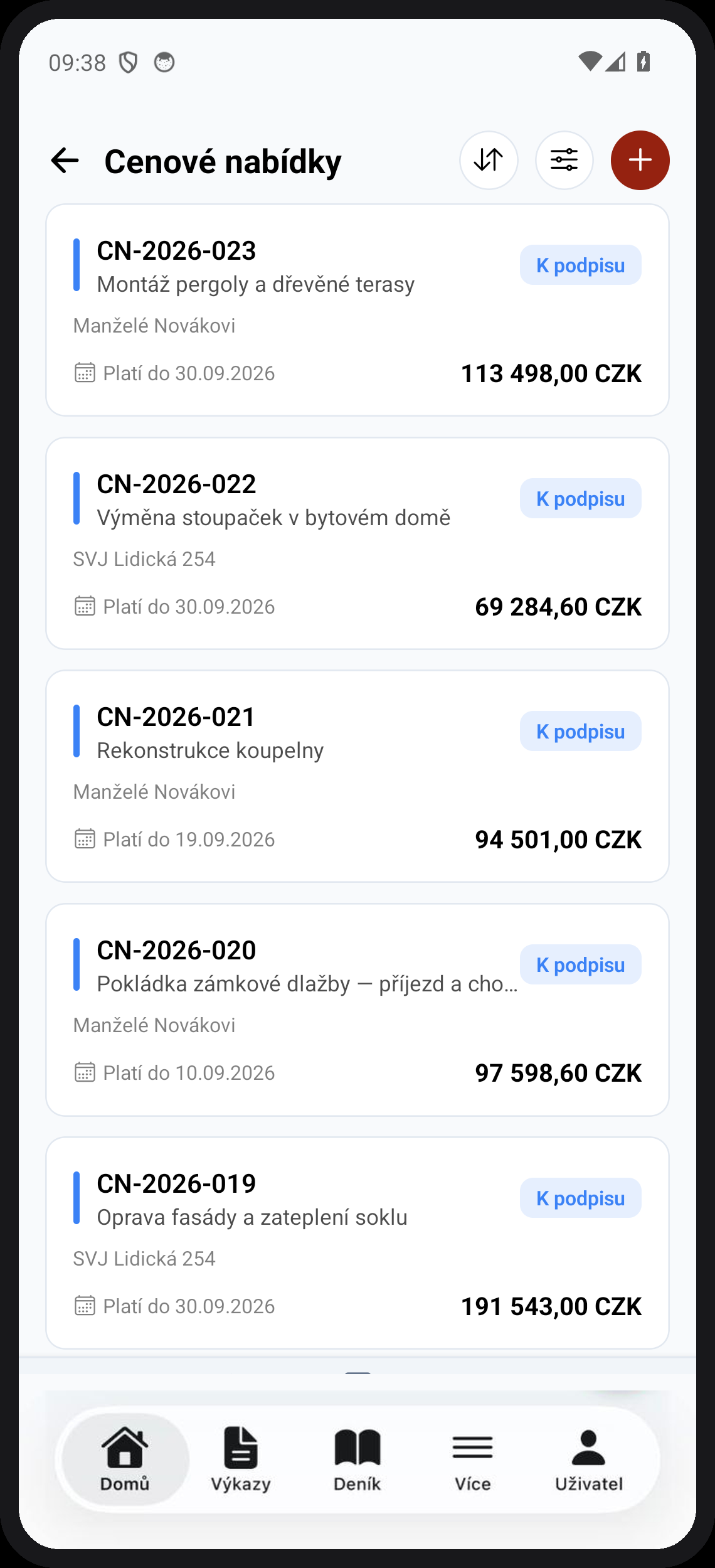 Seznam cenových nabídek v mobilní aplikaci