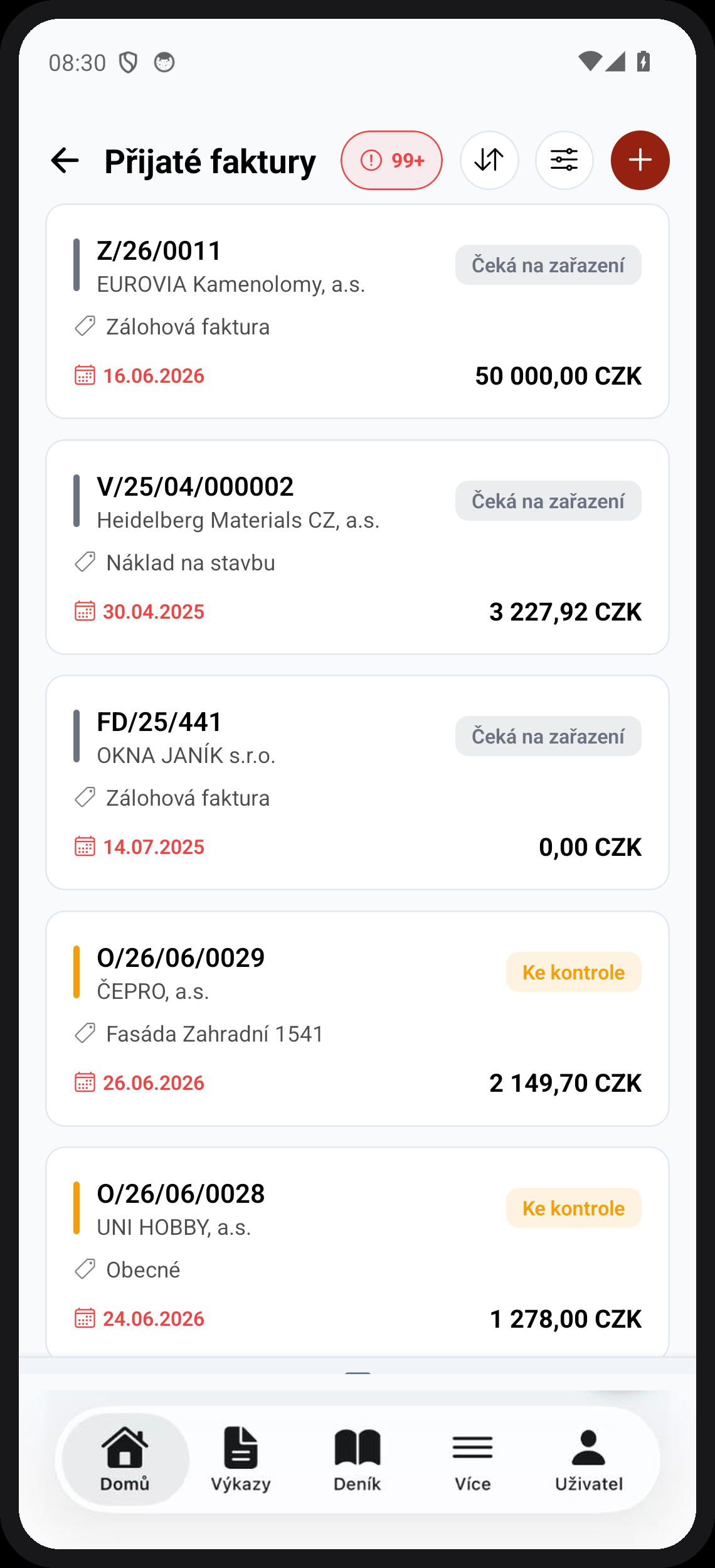 Seznam přijatých faktur se stavy schvalování