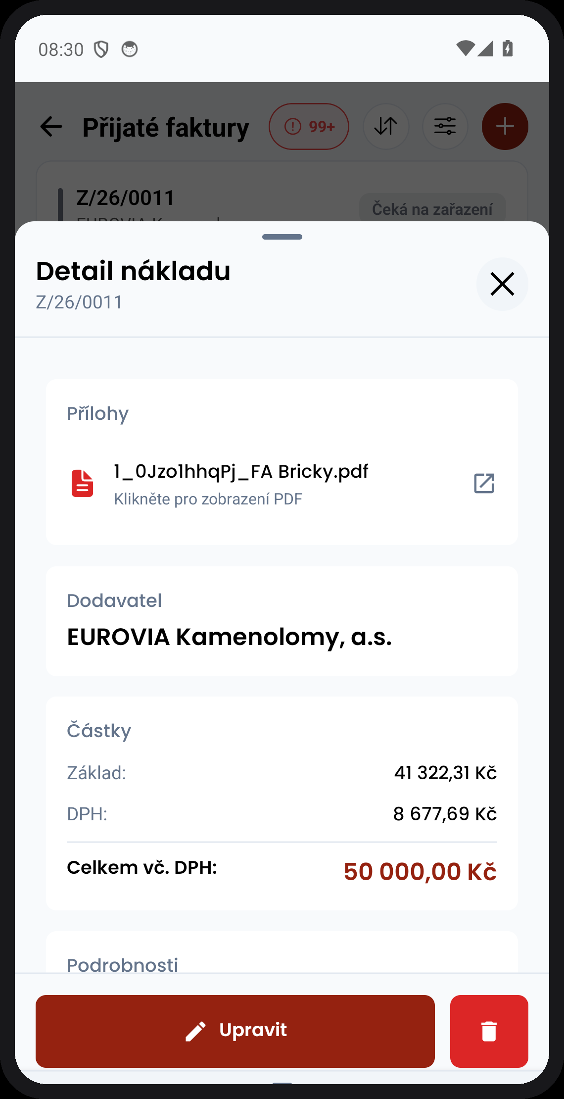 Detail přijaté faktury s přílohou a částkami