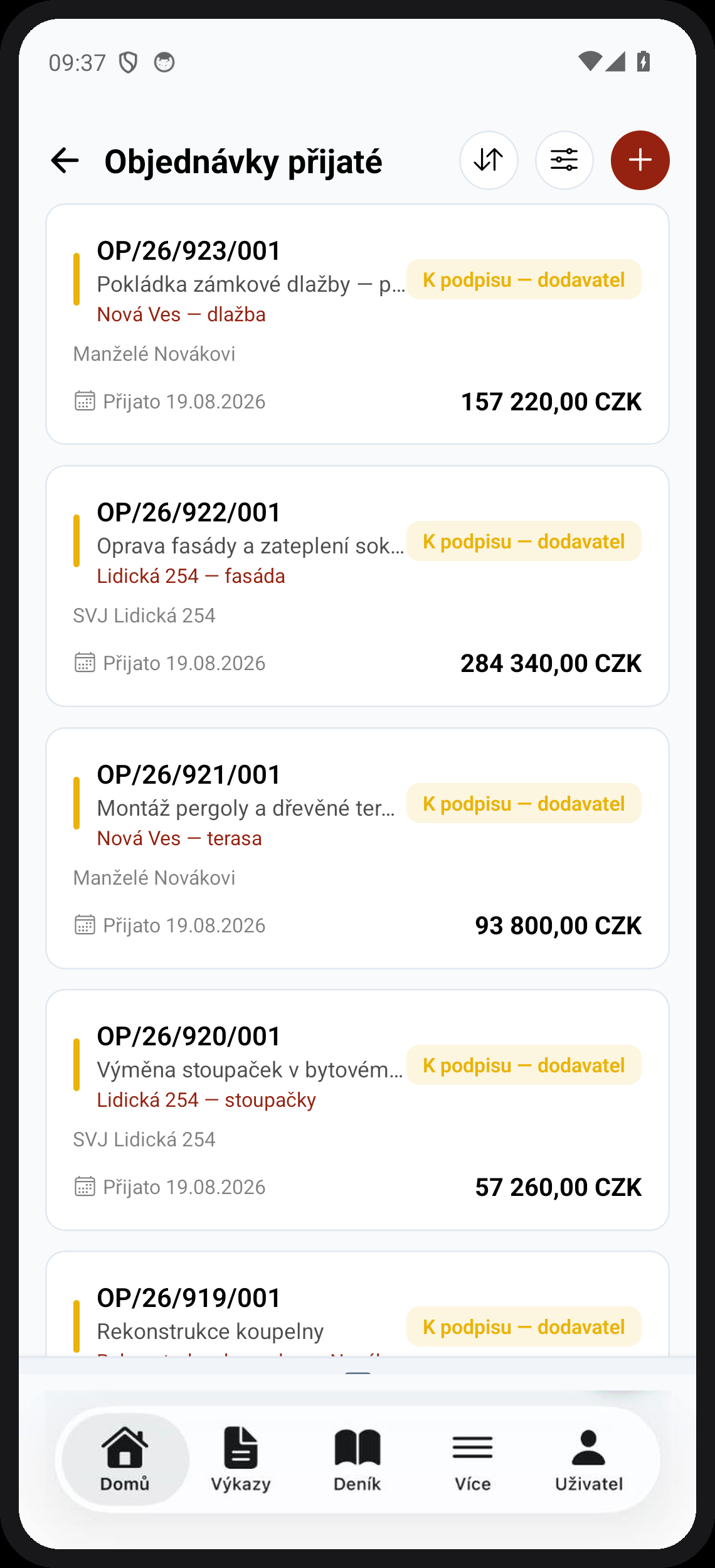 Objednávky přijaté se stavy podpisů